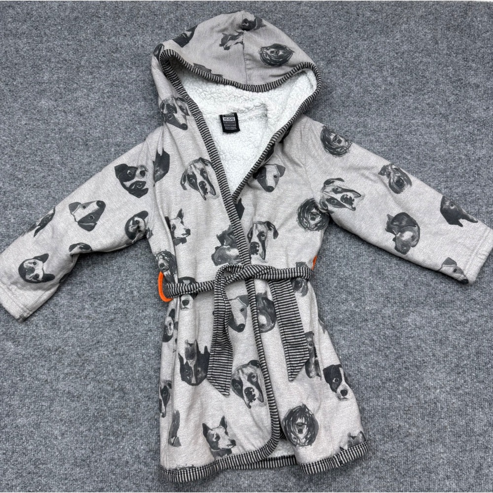 Woodrow & Friends Kids Gray Dog Print Sherpa Lined Hooded Bathrobe Size XS‎ 5/6